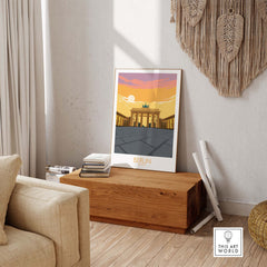 Berlin Print Germany Travel Poster displayed in a stylish living room, showcasing vintage artwork and home decor.