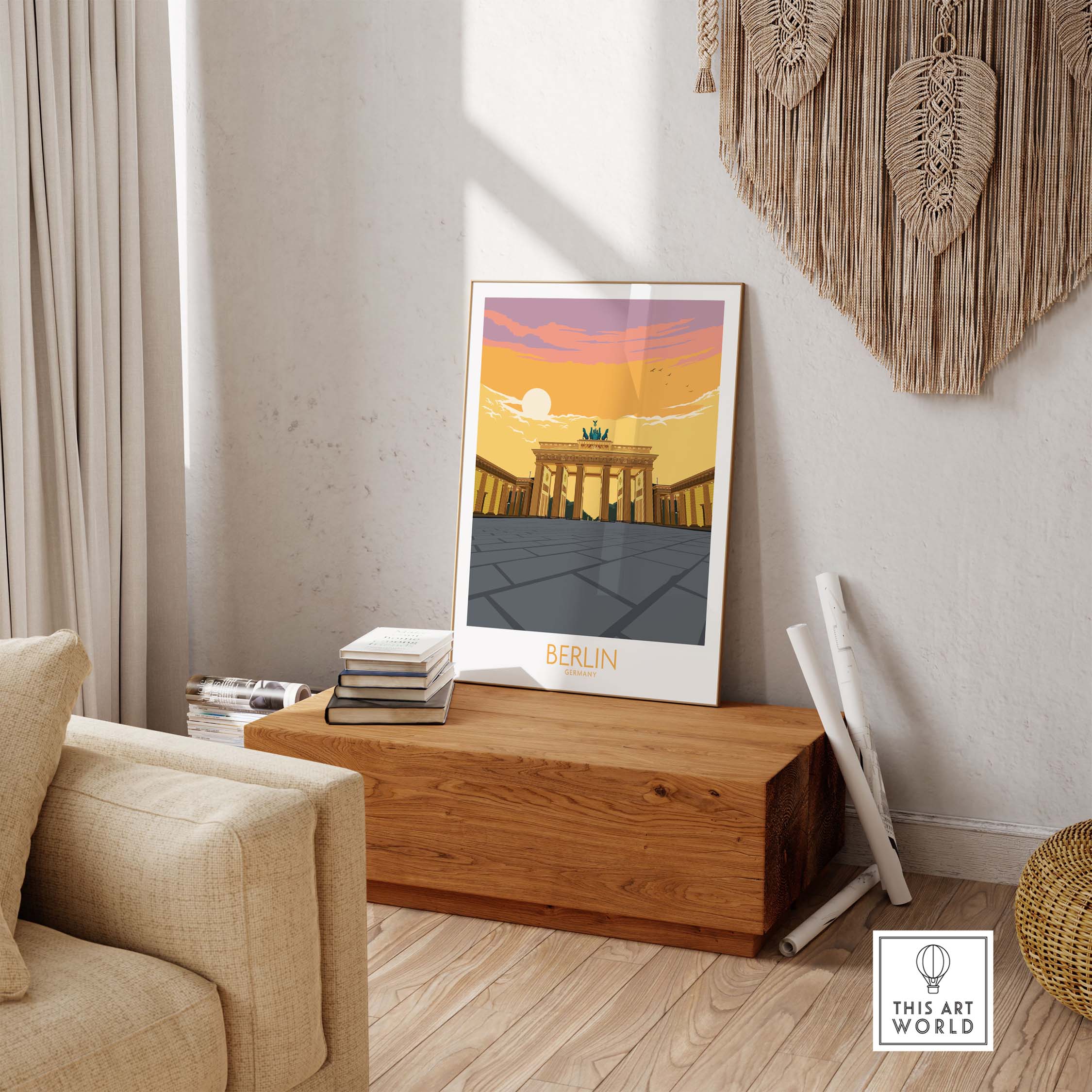 Berlin Print Germany Travel Poster displayed in a stylish living room, showcasing vintage artwork and home decor.