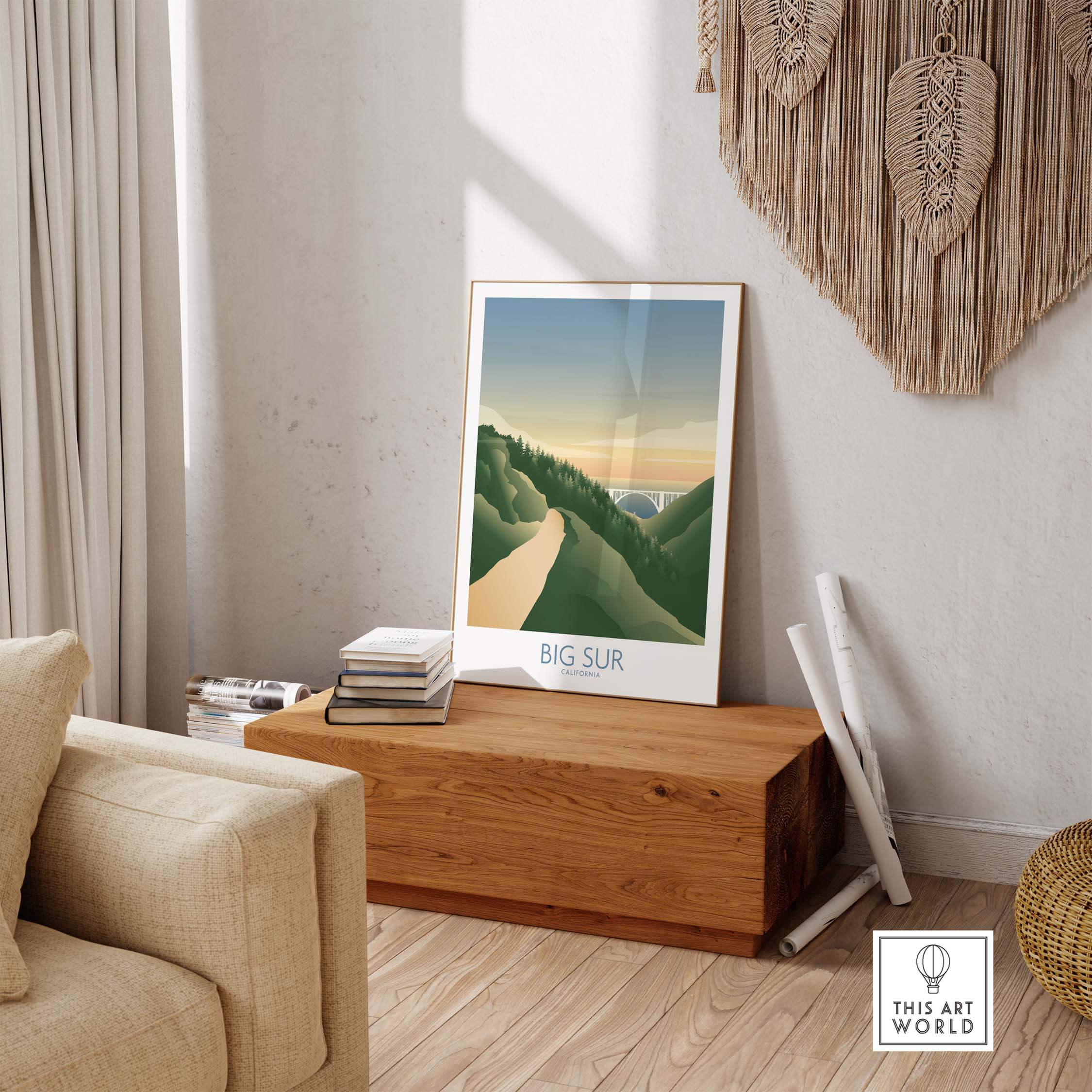 Big Sur California art print displayed in a cozy living room, featuring minimalist landscape design.