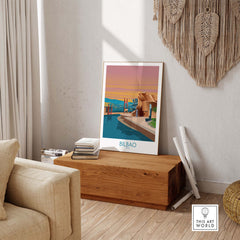 Bilbao Poster - Spain Print displayed in a stylish living room, showcasing minimalist vintage travel art.