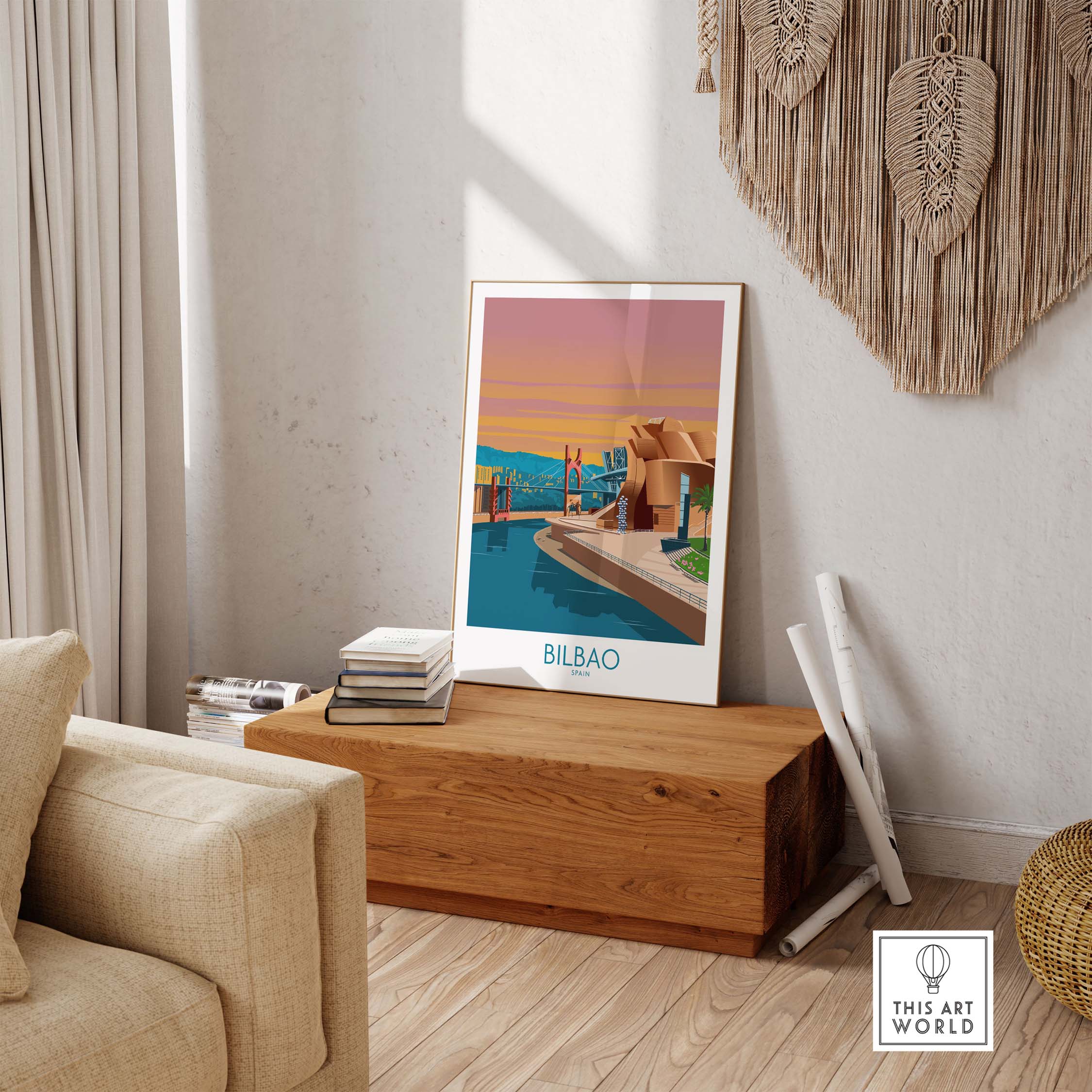 Bilbao Poster - Spain Print displayed in a stylish living room, showcasing minimalist vintage travel art.