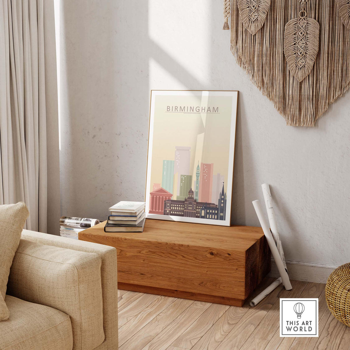Birmingham Skyline Print displayed in a stylish living room with warm pastel tones and modern decor.