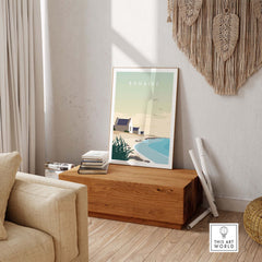 Bonaire travel poster print in minimalist style displayed in a stylish interior setting with natural textures.