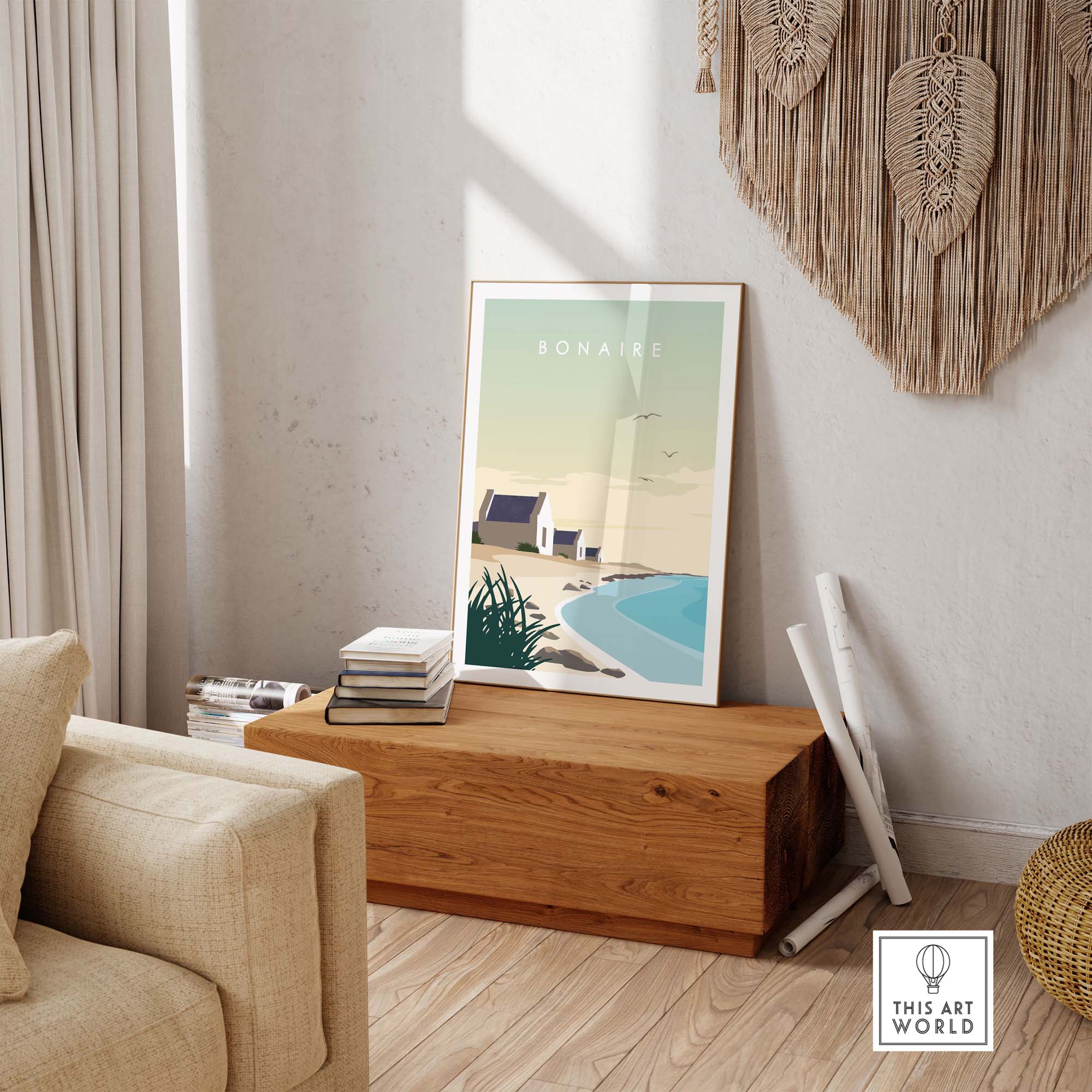 Bonaire travel poster print in minimalist style displayed in a stylish interior setting with natural textures.