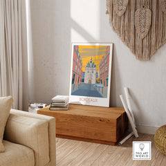 Bordeaux travel poster showcasing vintage style, bright colors, and charming architecture for stylish home decor.