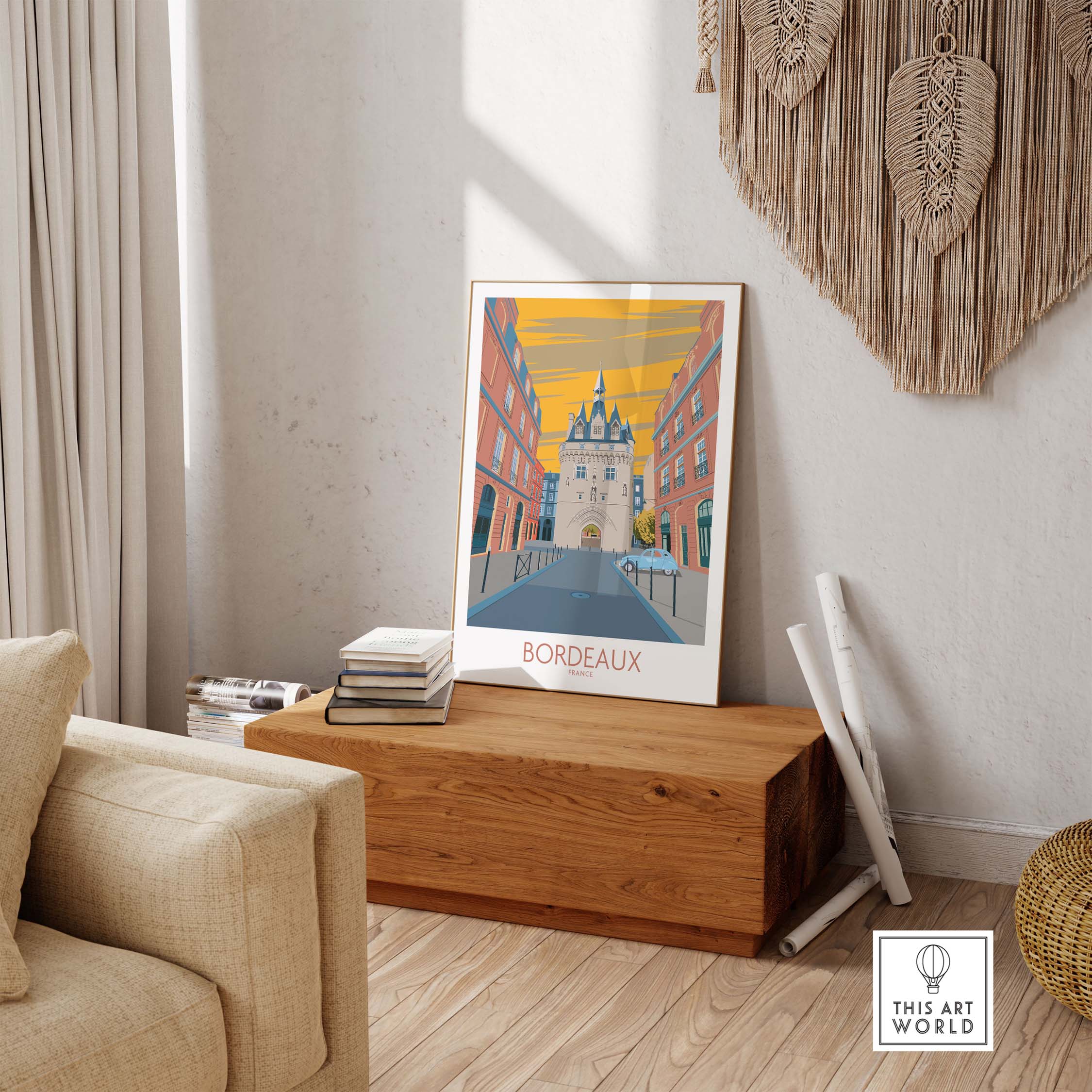 Bordeaux travel poster showcasing vintage style, bright colors, and charming architecture for stylish home decor.
