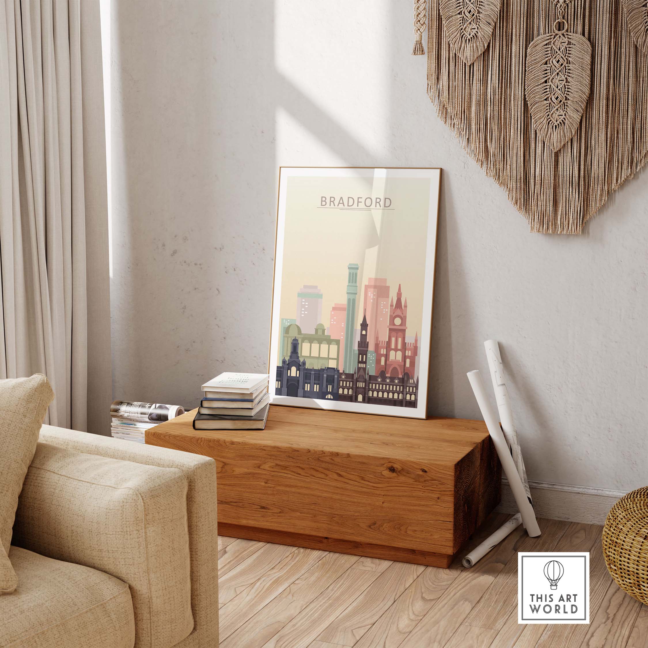 Bradford Print City Skyline Poster displayed in a modern living room, showcasing iconic architecture in warm pastel tones.