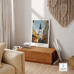 Bratislava Art Print displayed in a stylish living room setting, showcasing minimalist vintage travel art.