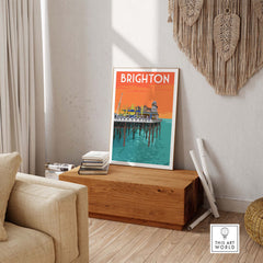 Brighton vintage print poster displayed in a stylish living room, showcasing Brighton Pier and vibrant colors.