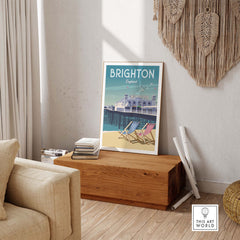 Brighton Wall Art Print showcasing Brighton Pier and vibrant seaside scenery in a stylish living room setting.