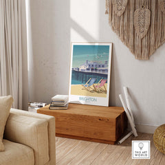Brighton Print wall art showcasing minimalist vintage travel poster on wooden display in stylish living room.