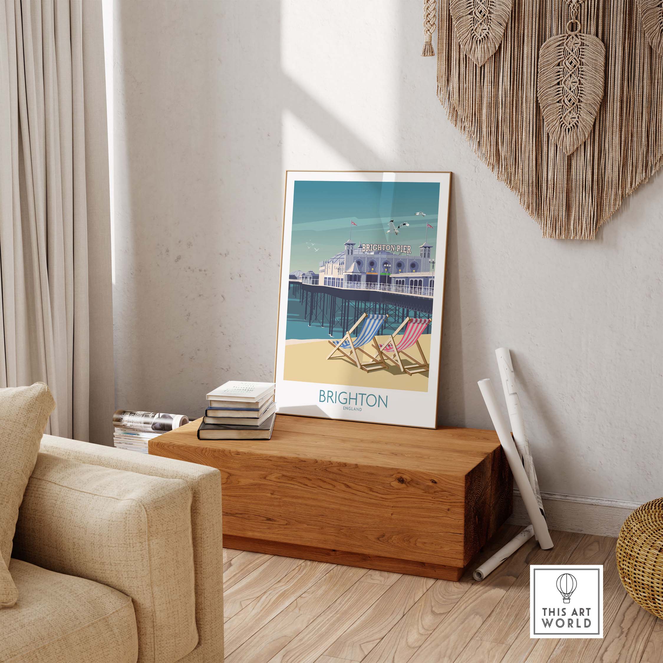 Brighton Print wall art showcasing minimalist vintage travel poster on wooden display in stylish living room.