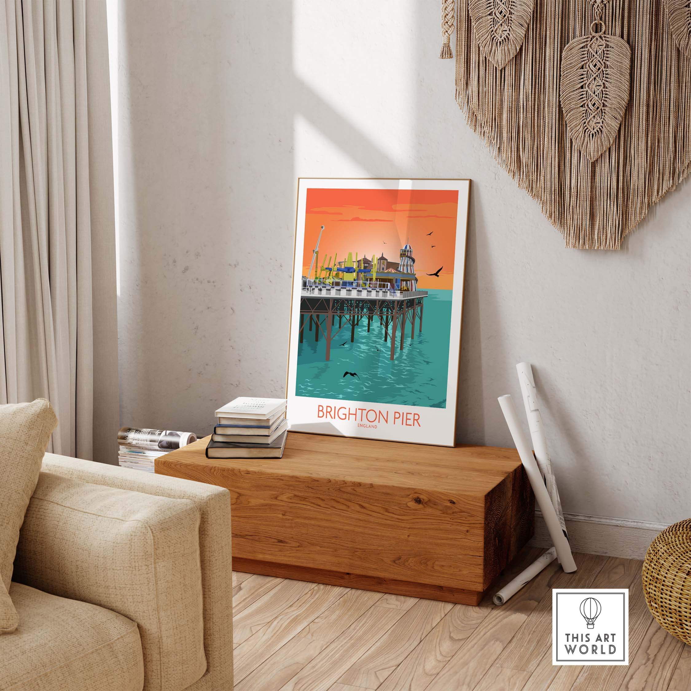 Brighton Pier poster displayed in a stylish home setting, showcasing vintage travel art and coastal decor inspiration.