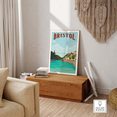 Vintage Bristol Print Poster Wall Art featuring the Clifton Suspension Bridge, displayed in a stylish home interior.