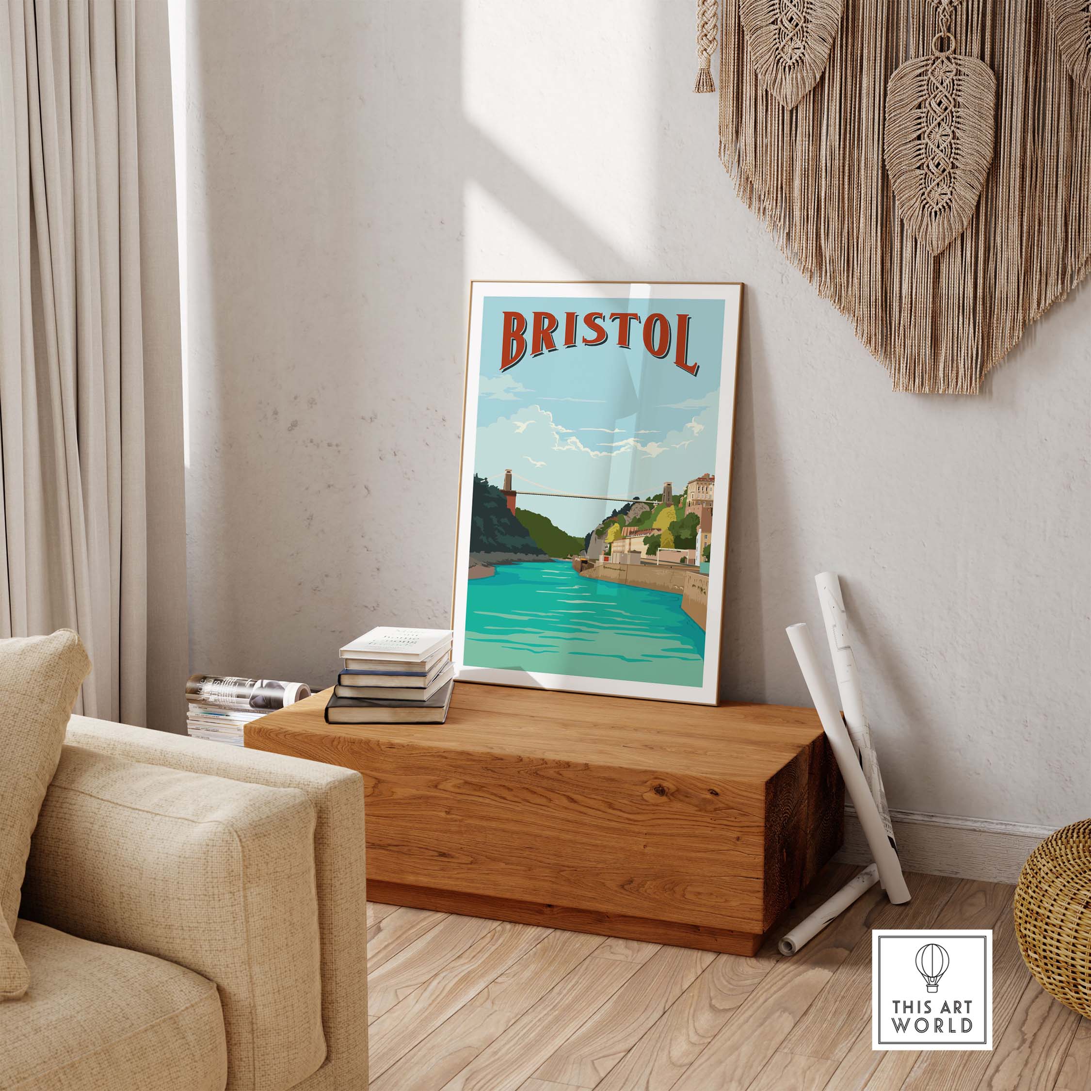 Vintage Bristol Print Poster Wall Art featuring the Clifton Suspension Bridge, displayed in a stylish home interior.