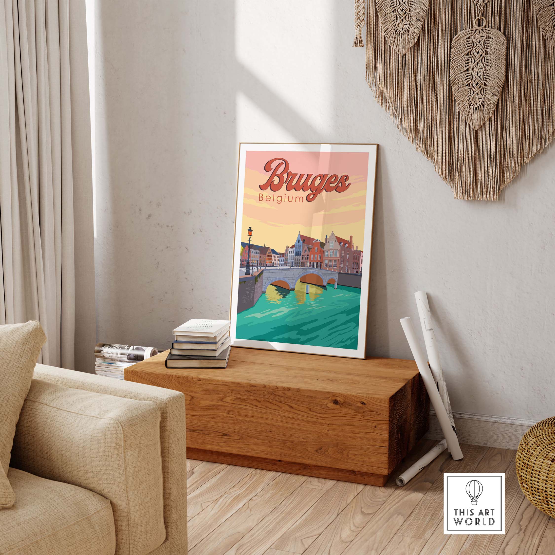 Vintage Bruges Print Poster Wall Art displayed in a stylish home setting, featuring the famous Augustijnenbrug.