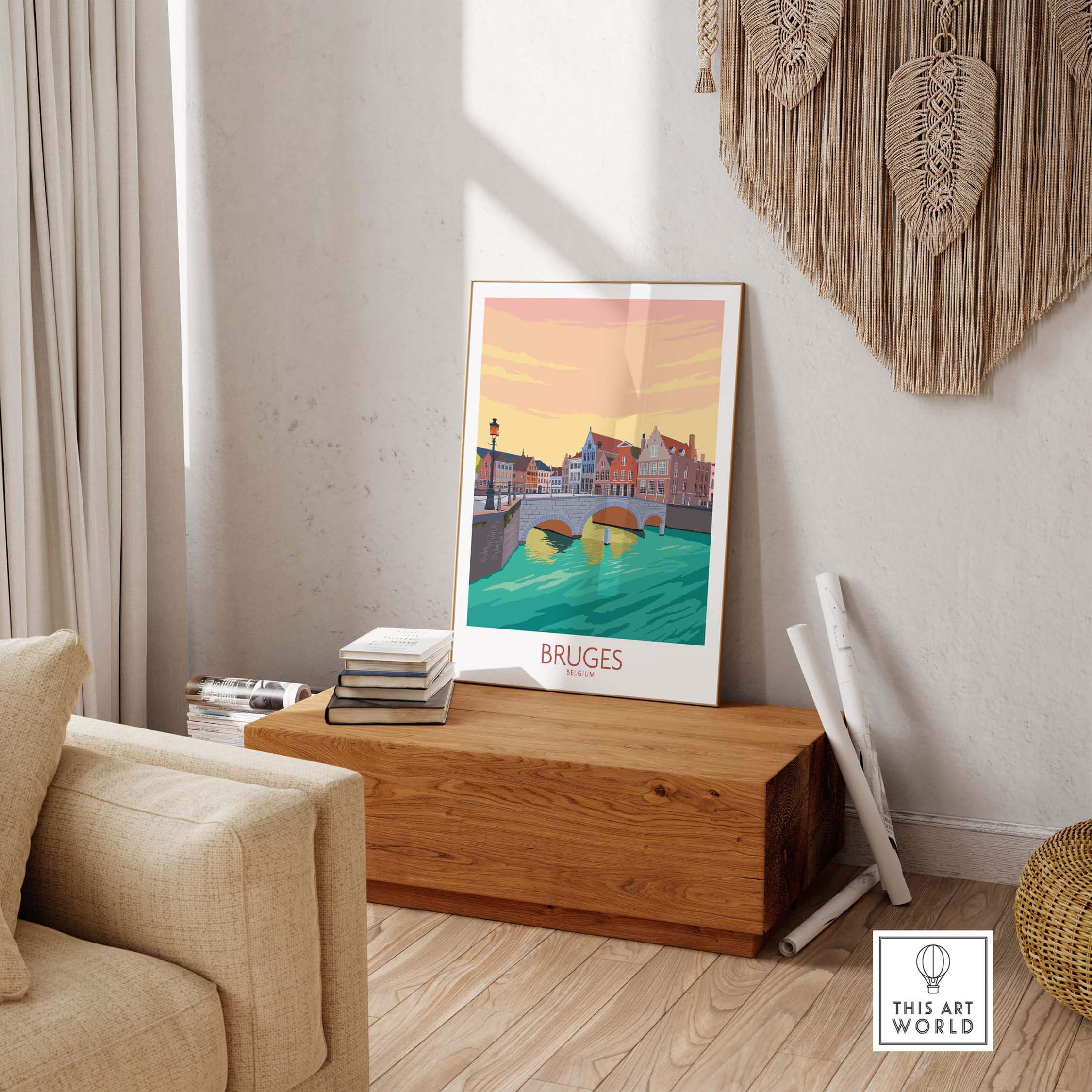 Bruges Belgium travel poster in a stylish living room setting, showcasing vintage art inspired design.