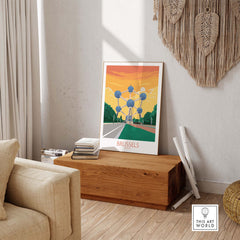 Brussels Poster Belgium Travel Print displayed in a stylish living room, showcasing colorful vintage design.