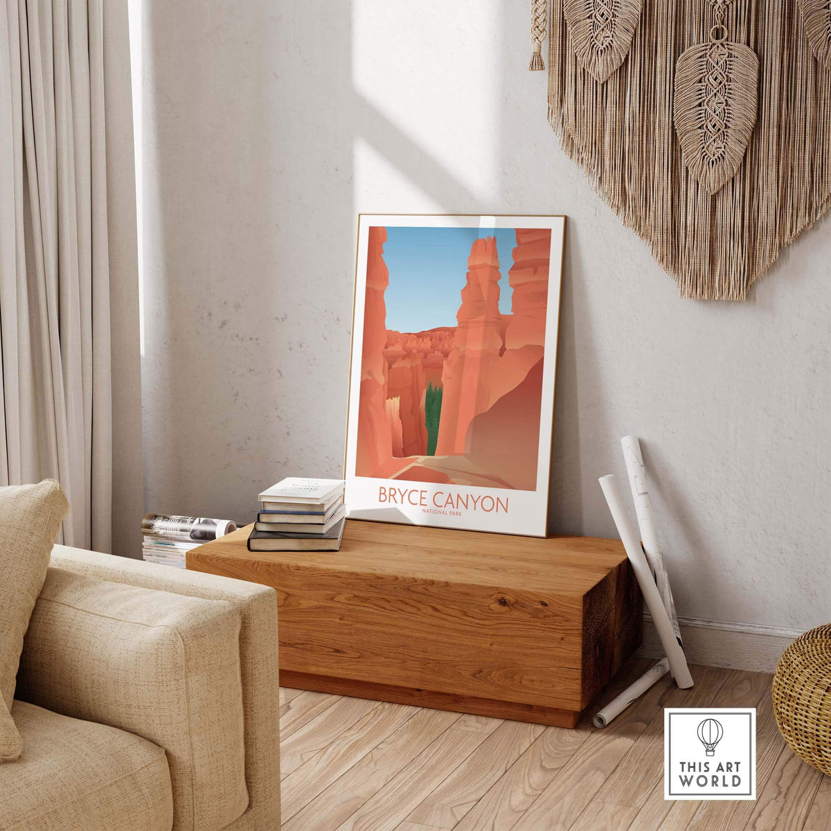Bryce Canyon National Park art print displayed in a stylish living room with minimalist decor.