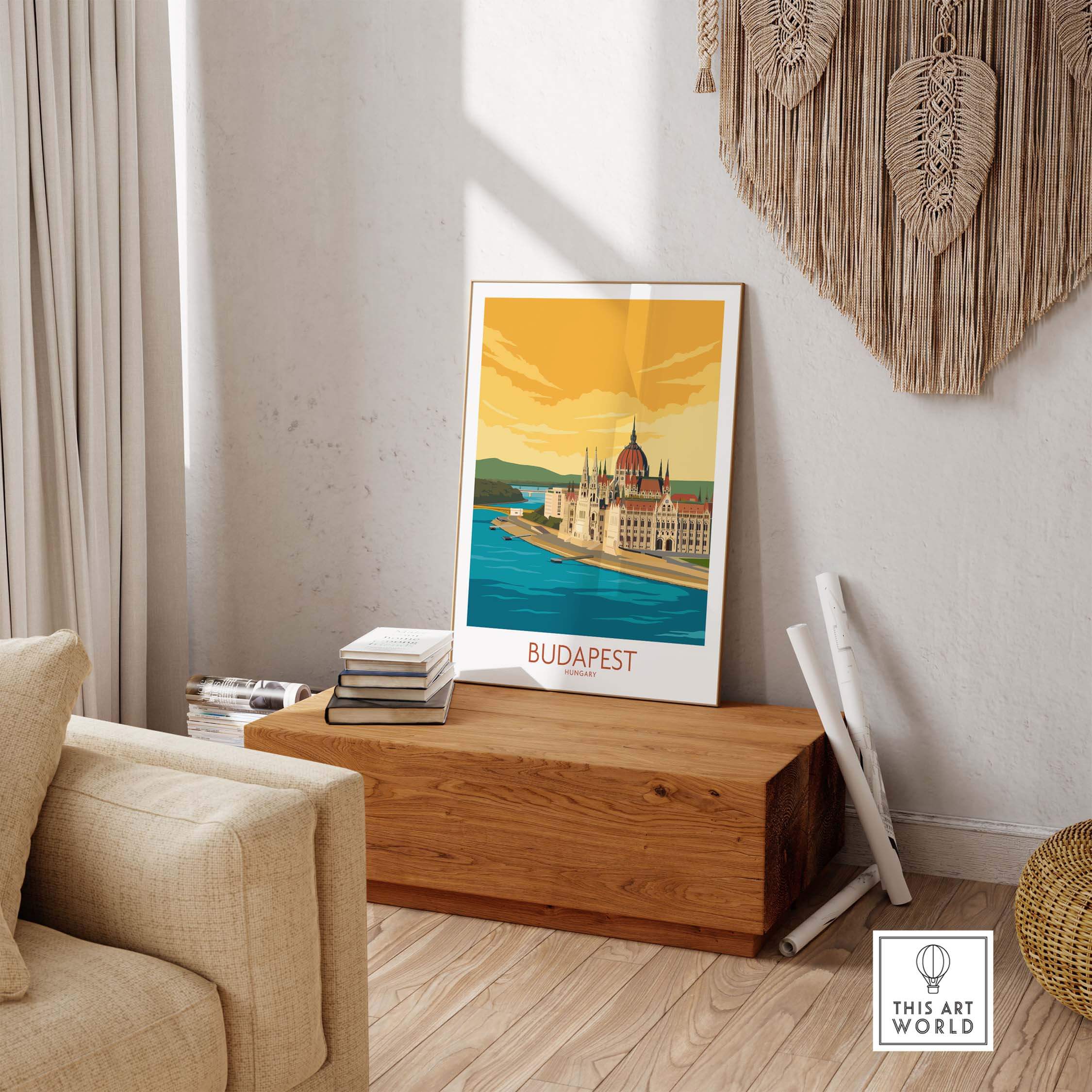 Stylish Budapest poster framed in a cozy interior, showcasing vintage travel art with a cityscape design.