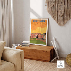 Buenos Aires print artwork featuring nostalgic vintage travel design in a stylish home setting.