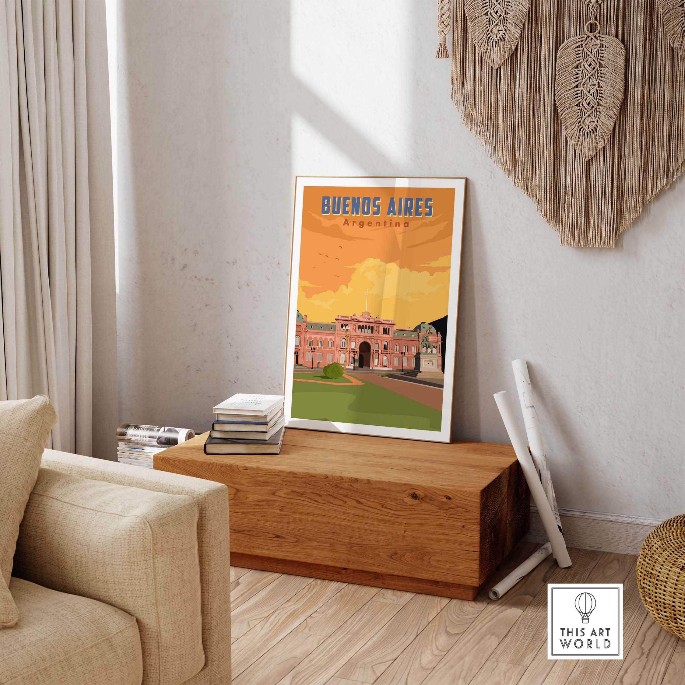 Buenos Aires print artwork featuring nostalgic vintage travel design in a stylish home setting.