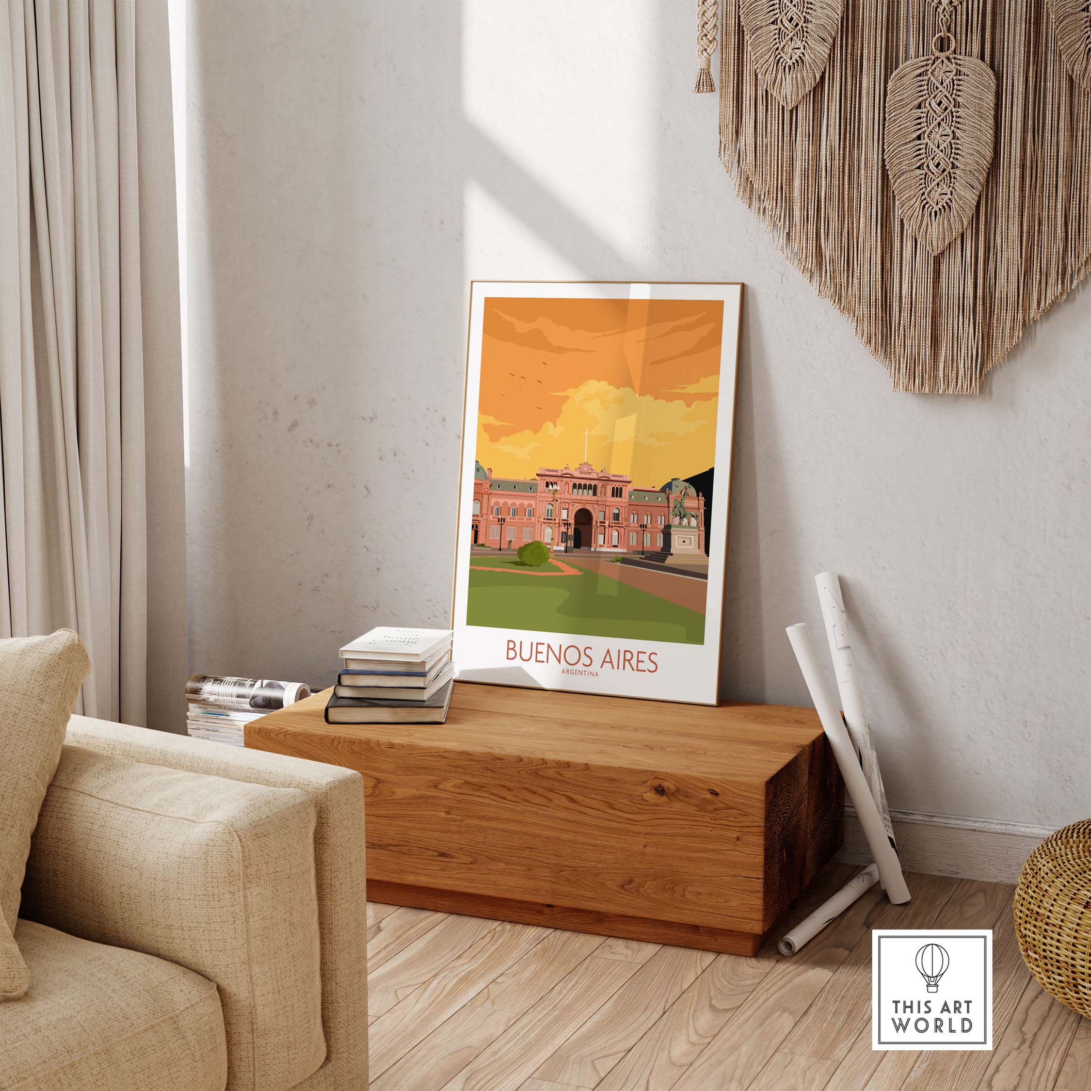 Buenos Aires Poster displayed in a modern living room, showcasing vintage travel aesthetics and stylish wall art.
