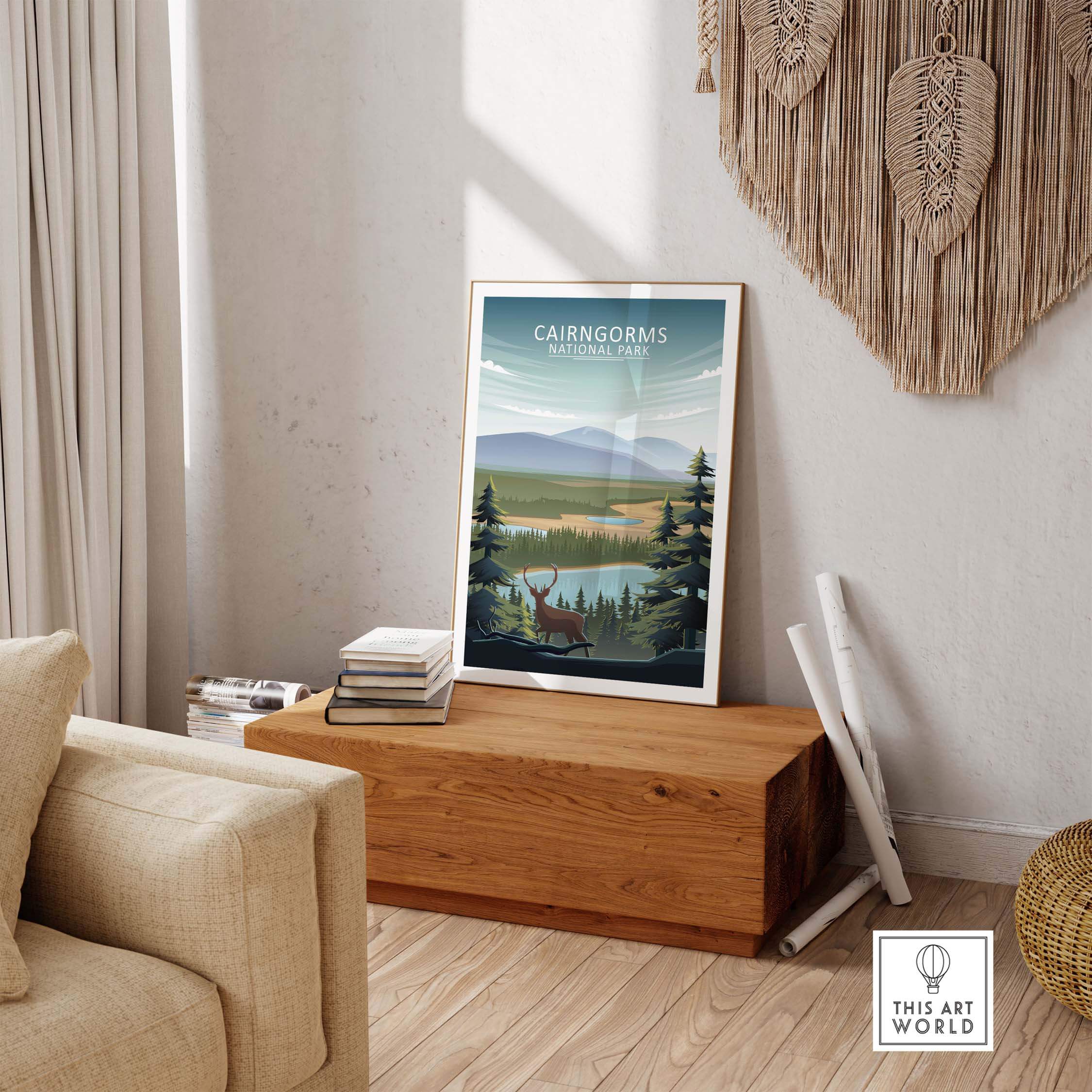Cairngorms National Park poster in a stylish interior setting with natural decor and warm tones.