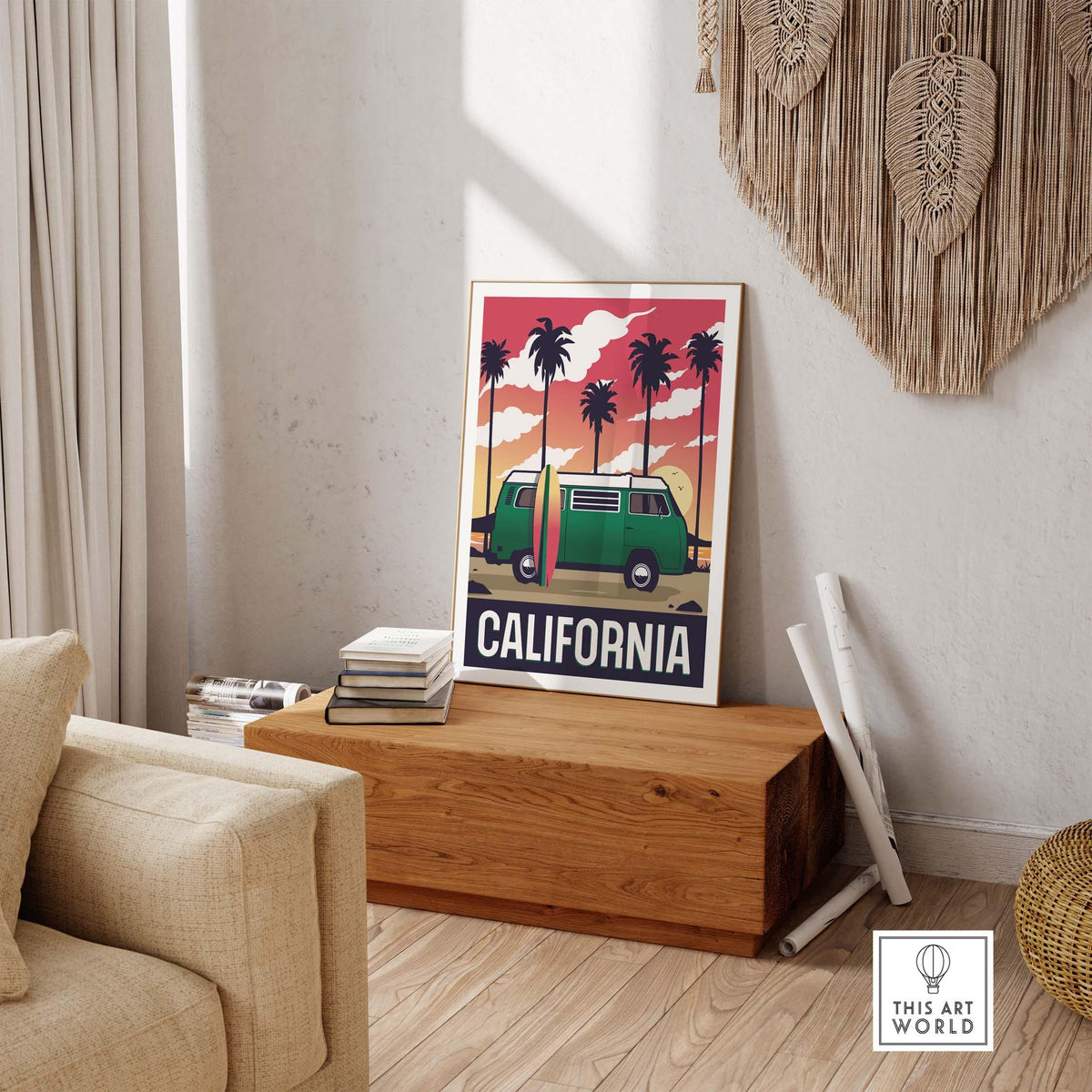 California Poster Wall Art Print featuring a vintage van and palm trees, perfect for home or office decor.