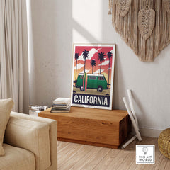 California Poster Wall Art Print featuring a vintage van and palm trees, perfect for home or office decor.