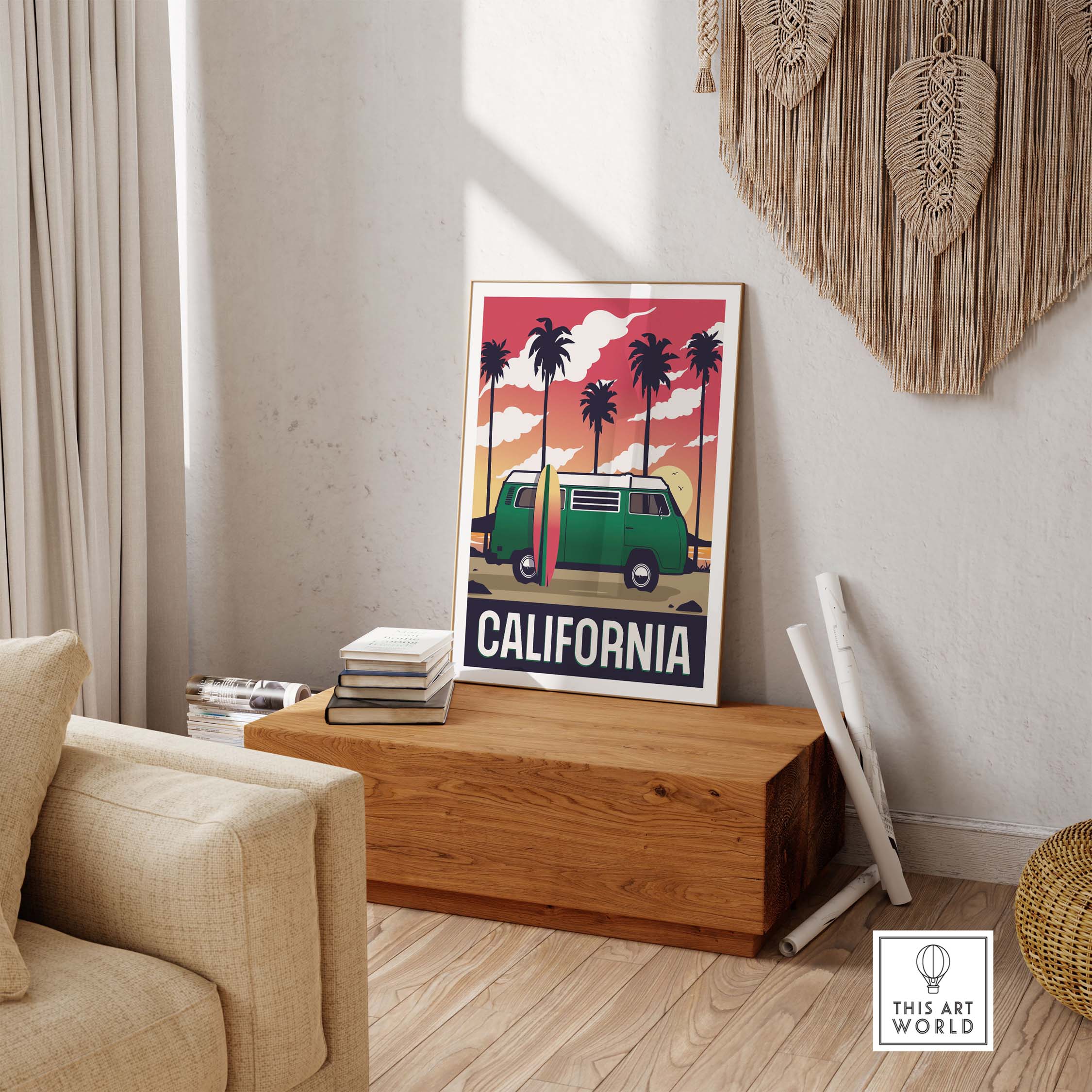 California Poster Wall Art Print featuring a vintage van and palm trees, perfect for home or office decor.