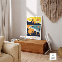 Colorful Cancun travel poster print displayed in a stylish living room setting, evoking wanderlust.