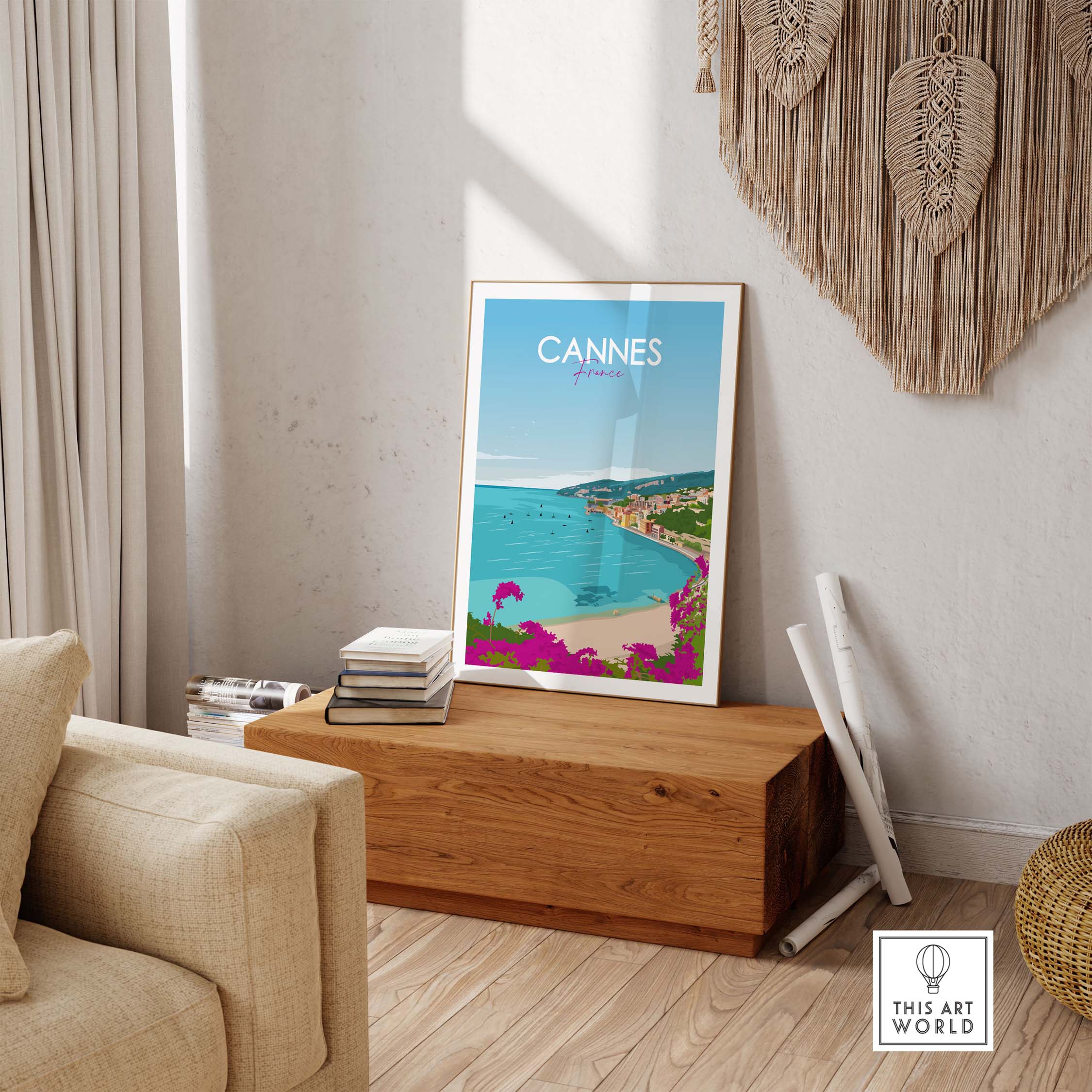 Cannes Poster France Print in stylish home decor setting, showcasing vibrant coastal landscape and minimalist design.