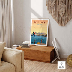 Cape Town travel poster print displayed in a minimalist home setting, capturing wanderlust and nostalgia.