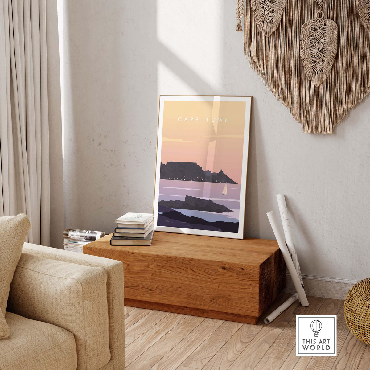 Cape Town Print Wall Art Poster displayed in a stylish interior, inspiring wanderlust and nostalgia.