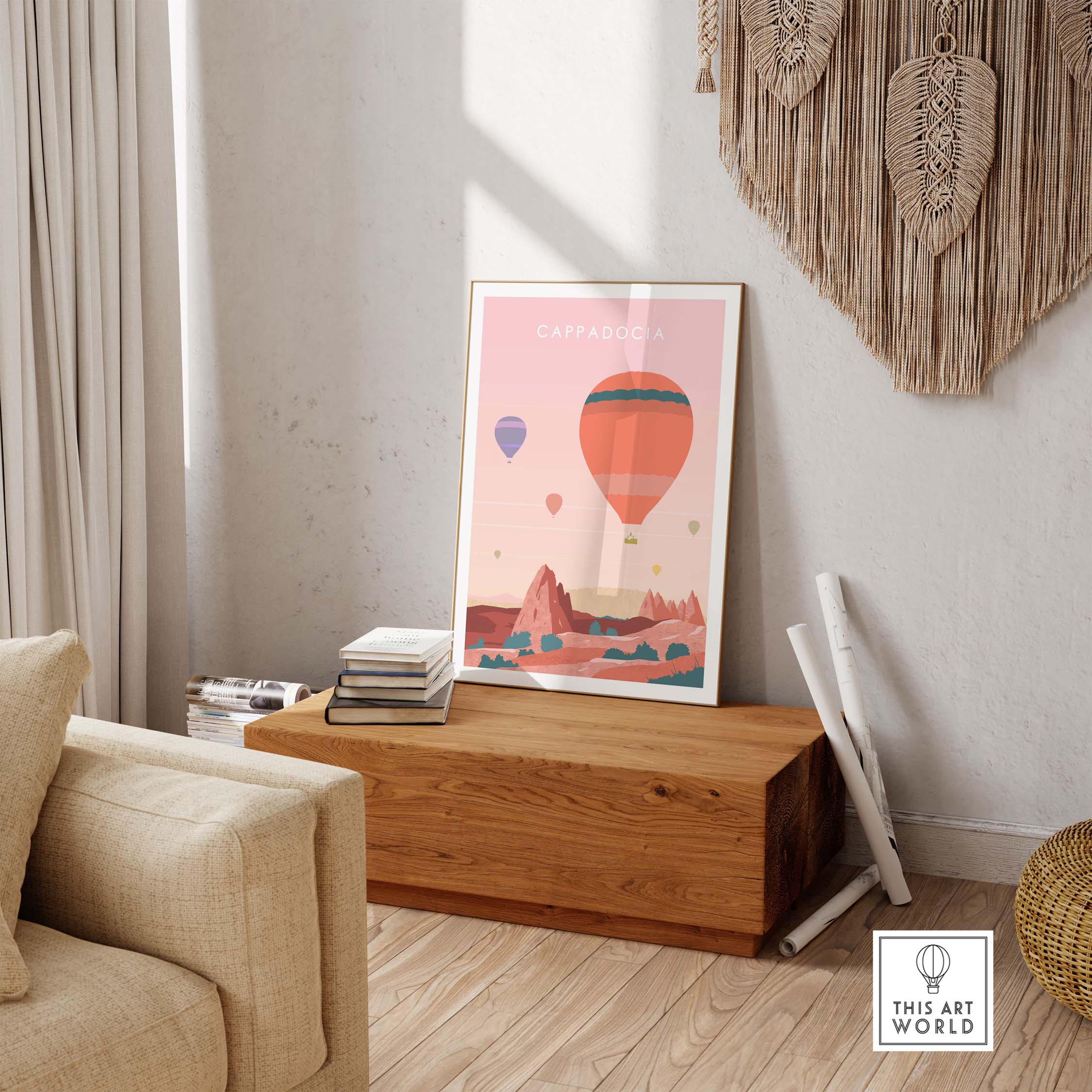 Cappadocia print wall art poster featuring colorful hot air balloons, styled in a cozy living room setting.
