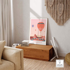 Cappadocia print featuring colorful hot air balloons, styled home decor, vintage travel poster aesthetic.