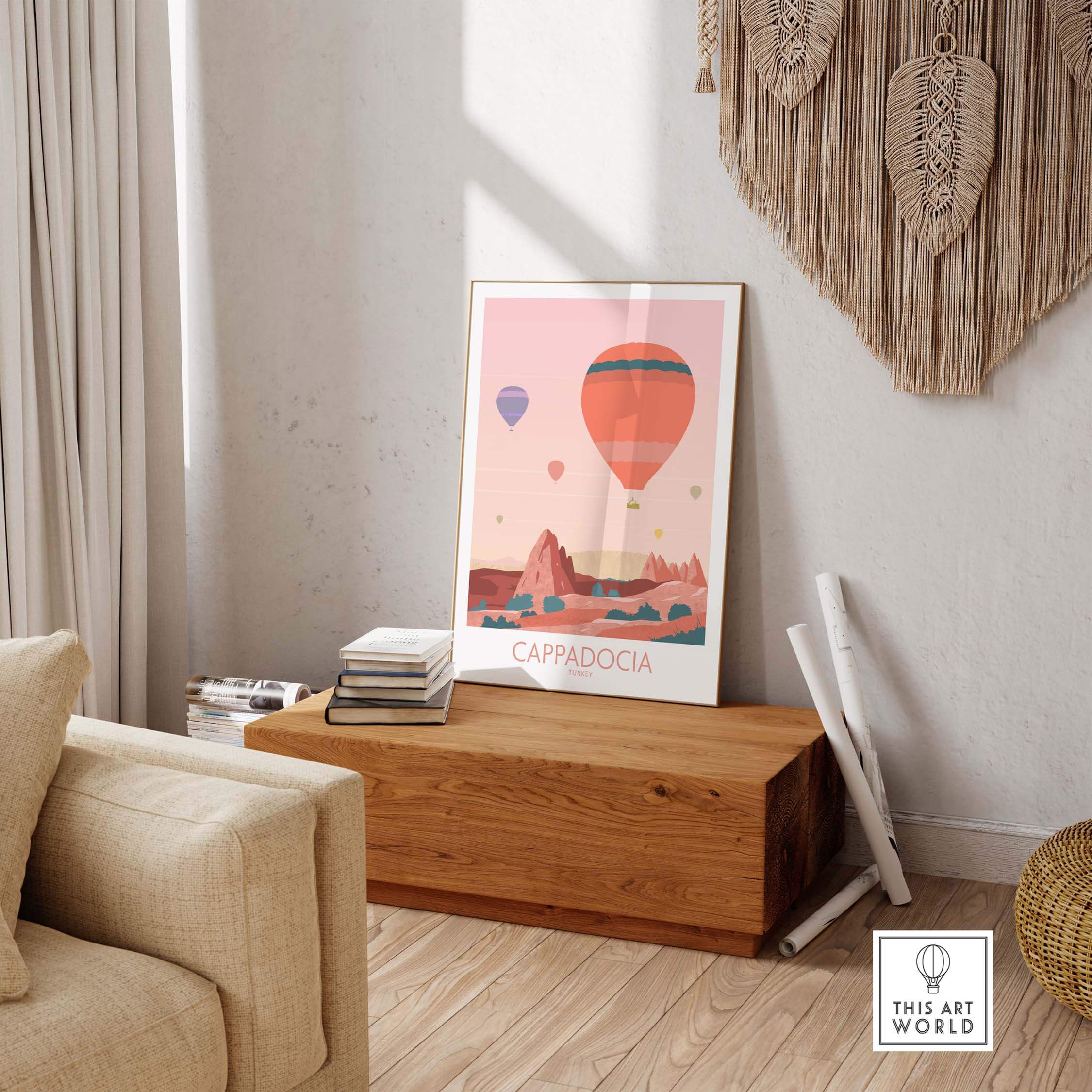 Cappadocia print featuring colorful hot air balloons, styled home decor, vintage travel poster aesthetic.