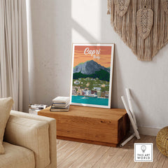 Capri Italy poster print wall art showcasing a scenic landscape of Capri Island in a stylish living room setting.