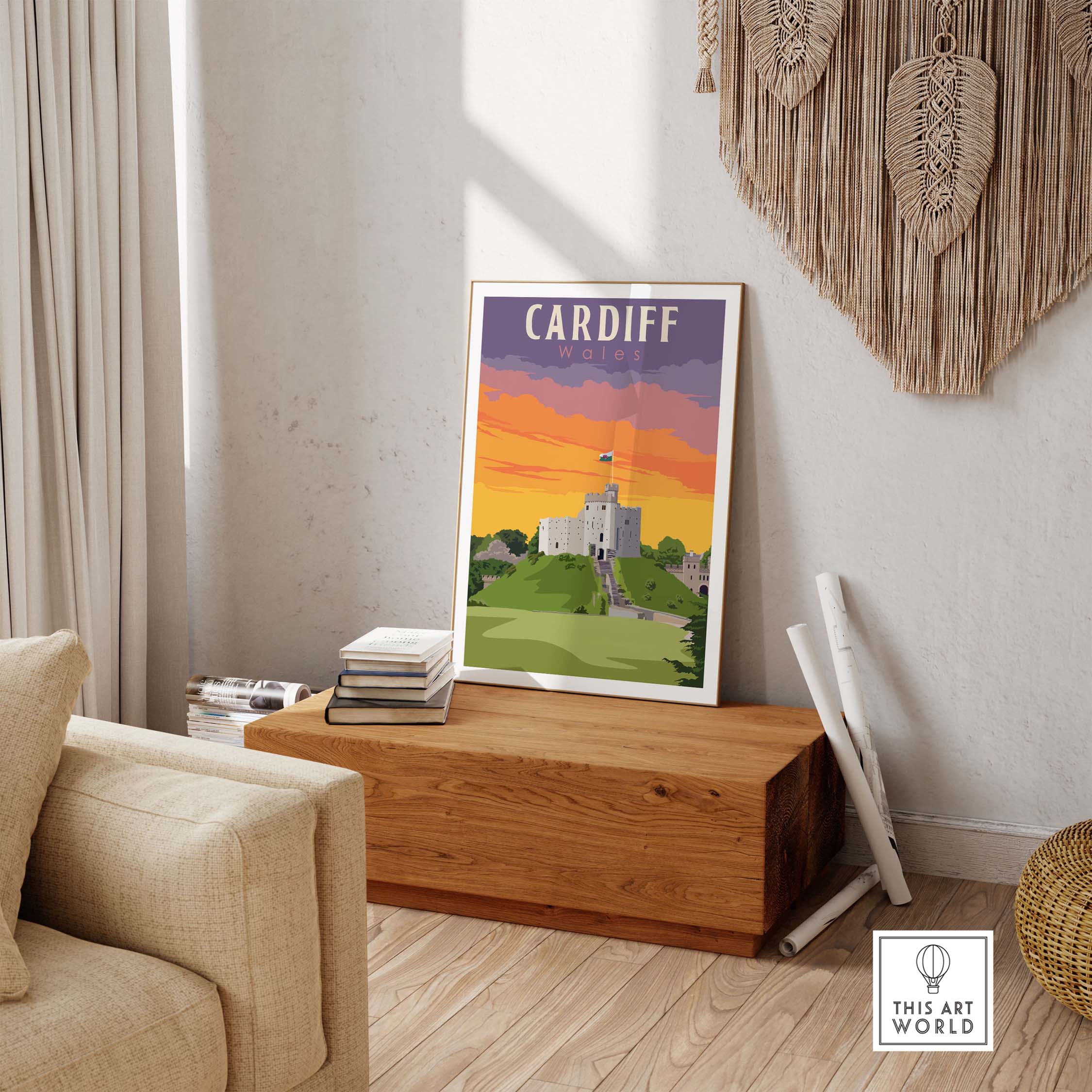 Stylish Cardiff Poster featuring a castle and sunset, perfect for home or office decor, inspiring wanderlust.