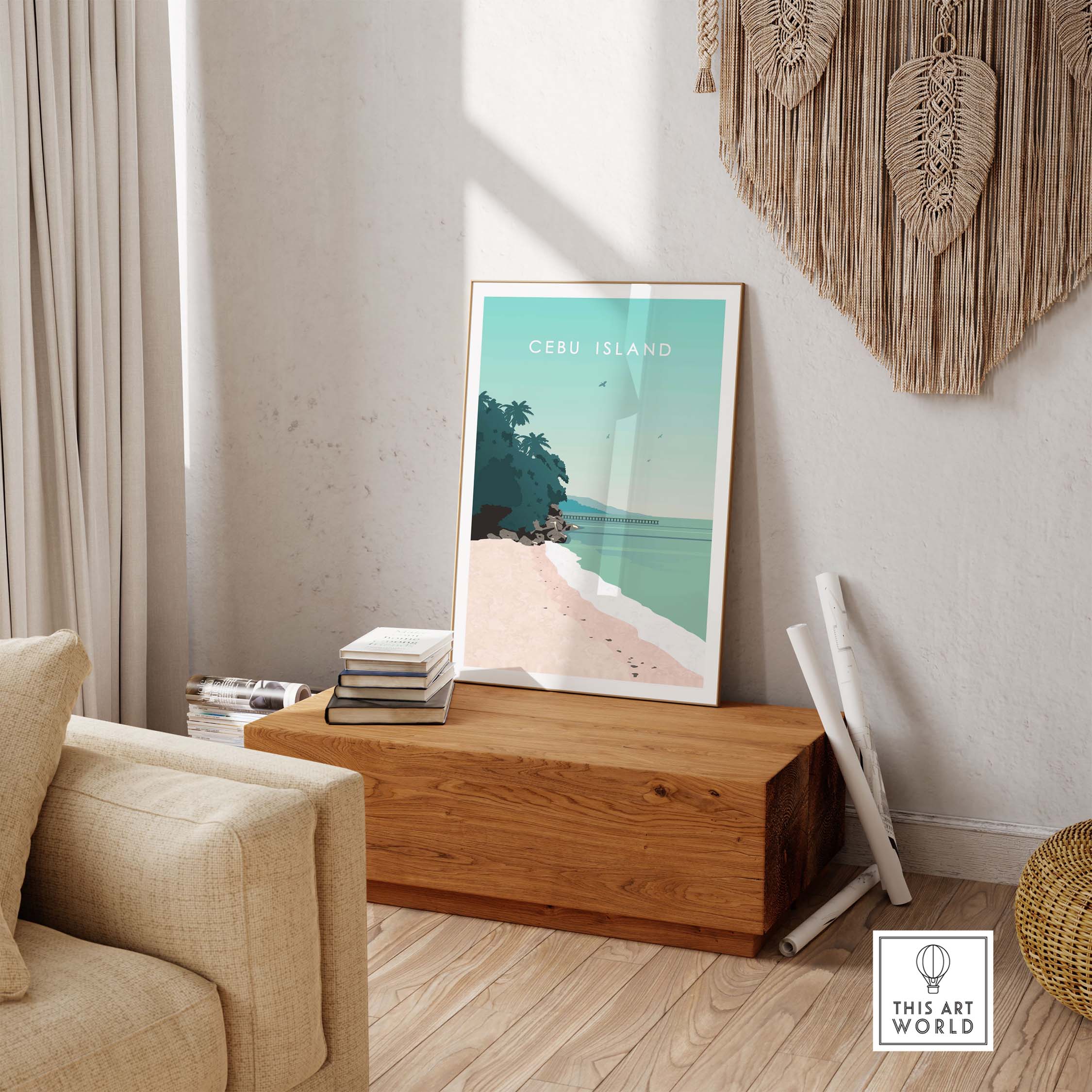 Cebu Island Philippines print poster displayed in a stylish living room setting, showcasing beach vibes and travel inspiration.