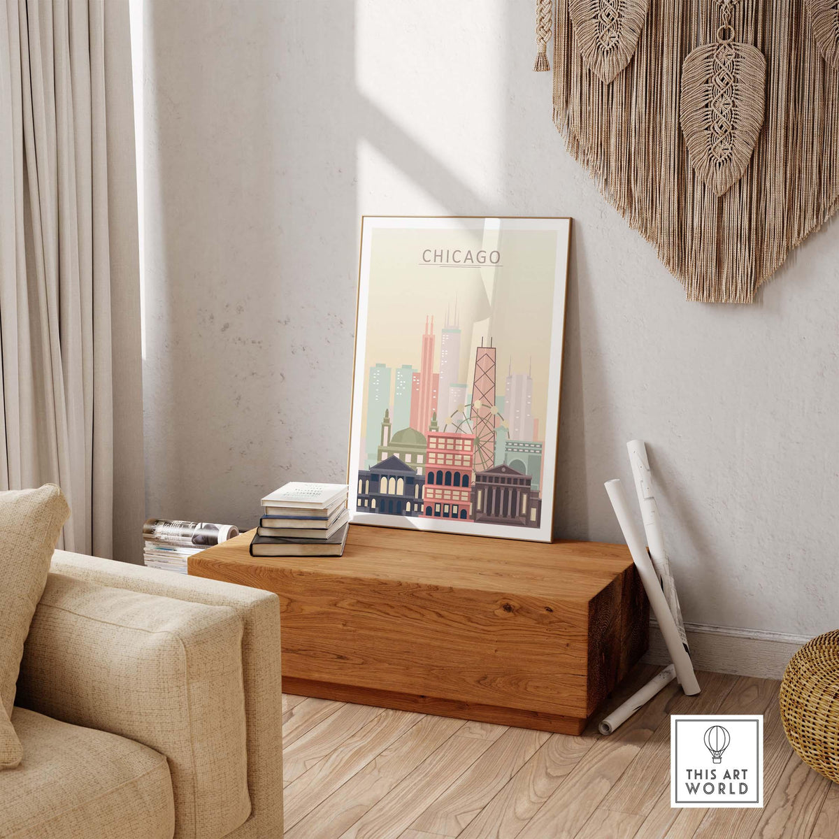 Chicago skyline wall art poster displayed in a modern living room setting with warm pastel tones and stylish decor.