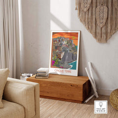 Cinque Terre art print displayed in a stylish interior, evoking wanderlust and nostalgia for vintage travel.