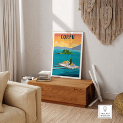 Corfu Print Greece Poster displayed in a stylish home setting, capturing travel nostalgia and vibrant colors.