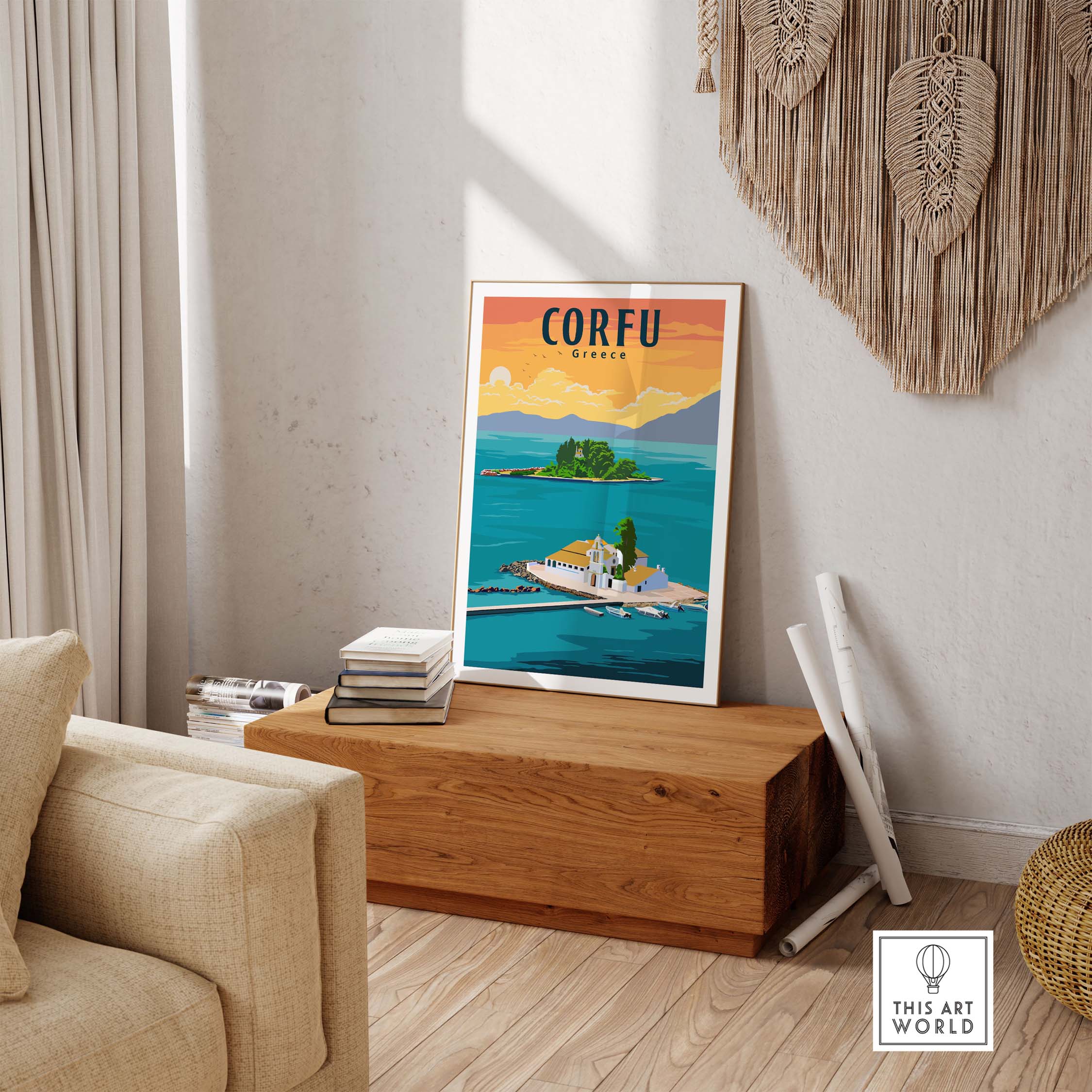 Corfu Print Greece Poster displayed in a stylish home setting, capturing travel nostalgia and vibrant colors.