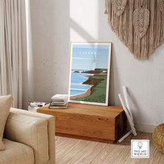 Cornwall Print Wall Art Poster displayed in a stylish living room setting, highlighting its vintage-inspired design.