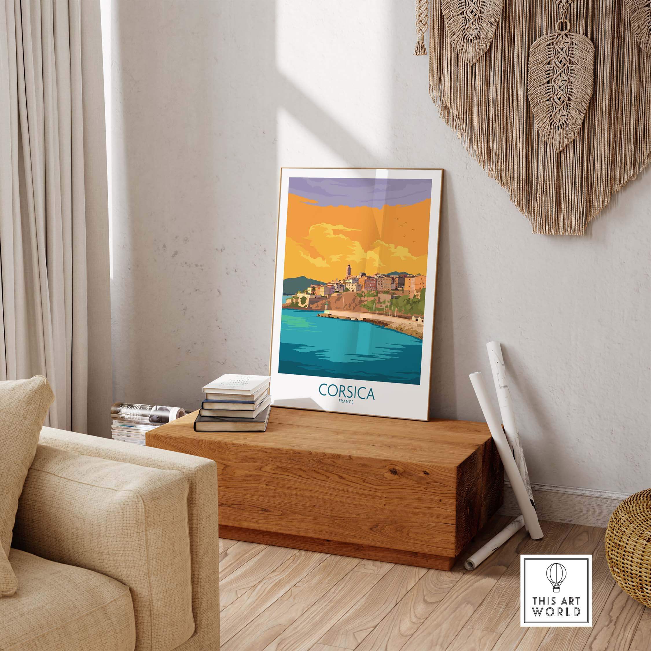 Stylish Corsica poster in a modern living room with wood accents and vibrant colors, showcasing travel nostalgia.