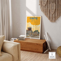 Vintage travel poster of Crete, Greece displayed in a stylish home setting, showcasing wanderlust-inspired art.