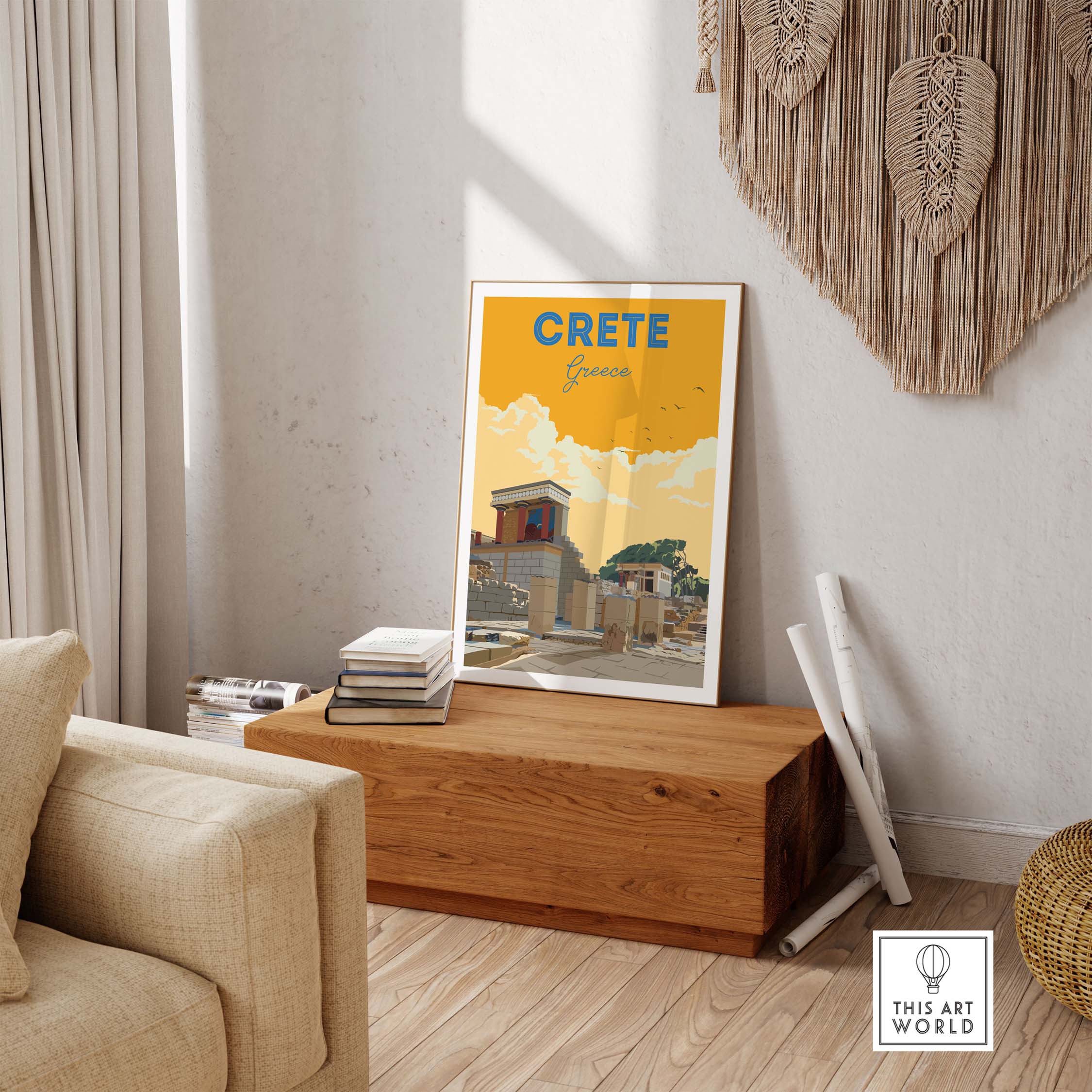 Vintage travel poster of Crete, Greece displayed in a stylish home setting, showcasing wanderlust-inspired art.