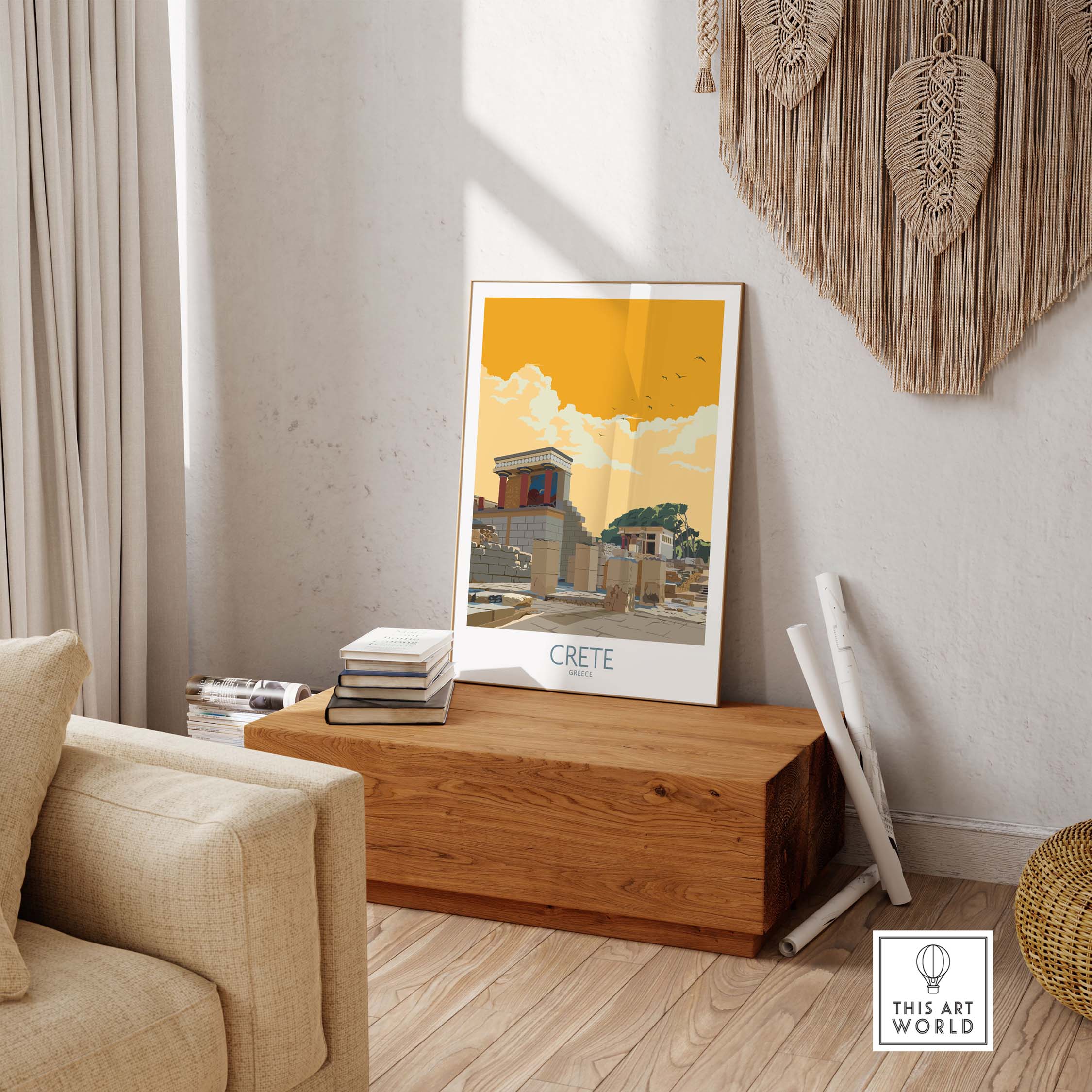 Vintage-inspired Crete Greece poster art displayed in a stylish living room with natural decor.
